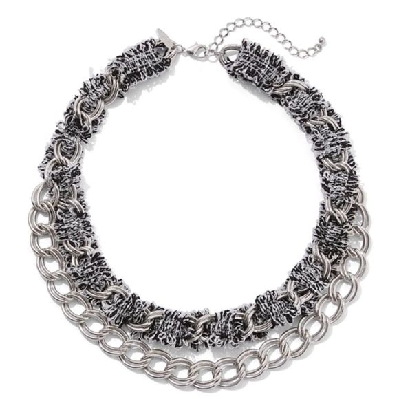 NWT New York & Company Layered Chain-Link Fringe Statement Necklace Silver - Picture 1 of 9